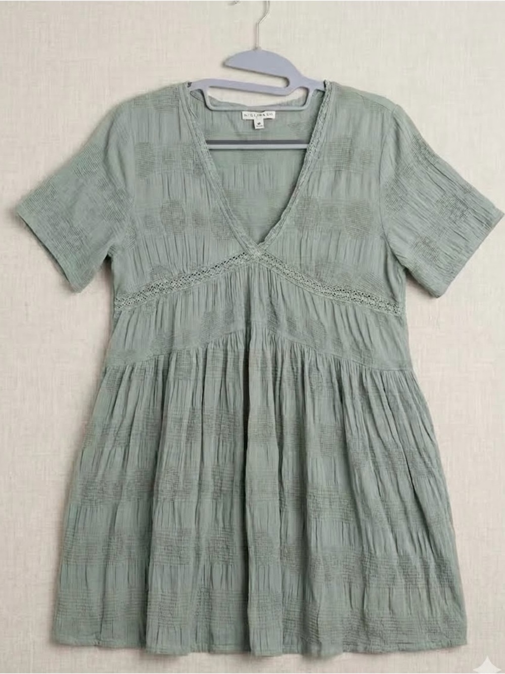 Miou Muse “Jag” Textured Boho Babydoll Dress - Sage Green - Size Medium